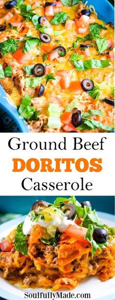 ground beef doritos casserole with cheese and black olives on top