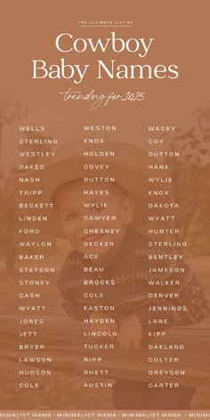 the cowboy baby names are shown in brown and white, with an image of a young boy