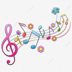 colorful music notes and flowers on a white background