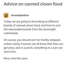 an advertise with the words advice on caned clown food