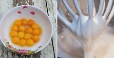 two pictures side by side, one with oranges in it and the other has white whisks