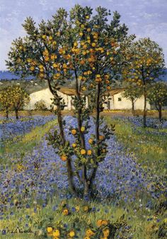 an orange tree in the middle of a field with blue bonnets and yellow flowers