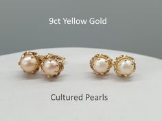 PLEASE READ THE DESCRIPTION below for full details of the item  Most photos are taken close up and enlarged to show details. Photos on a ruler and hand are also provided. Please take the time to estimate dimensions of the item before placing your order. 9ct 9k yellow gold freshwater Pearl stud earrings. Rose / White lustre button pearls approx. 4mm in diameter, ornate settings 6mm Stamped 375 on the posts and scrolls. Come in a velvet jewellery box. Gold And Pearl Stud Earrings, Gold Earring Studs, Traditional Gold Plated Pearl Earrings, Pearl Studs Earrings Gold, Pearl Earrings Studs, Traditional Yellow Gold-plated Pearl Earrings, Elegant Yellow Gold Flower-shaped Pearl Earrings, Temple Jewellery Earrings