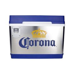 the corona cooler is blue and silver with a crown on it's lid,