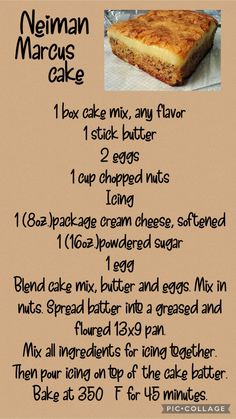 the instructions for how to make a neiman marreus cake recipe on a piece of parchment paper