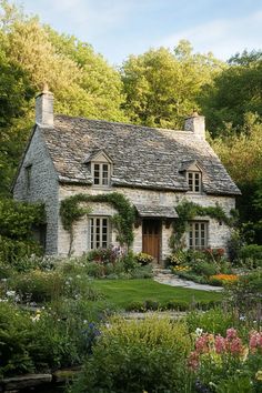 an old stone house surrounded by flowers and greenery