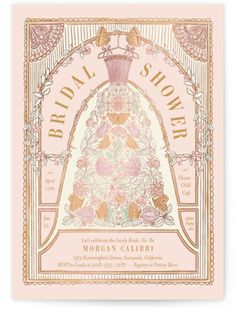 the bridal shower book is shown in pink and gold, with an ornate dress on top