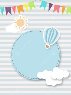 an air balloon flying through the sky with clouds and buntings around it on a striped