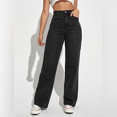 Shein Black Jeans, Shein Jeans Outfit, Straight Jeans High Waisted, Straight Leg Jeans Outfits, Shein Jeans, Shein Brasil, Jeans Outfit Women, Shein Pants, Outfit Jeans