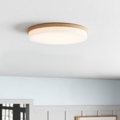 a white ceiling light in a bedroom with blue walls and wood paneling on the wall