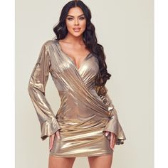 Brand New Low V Neck Long Sleeves Draped Back Cowl Zipper Side Metallic Gold V-neck Mini Dress For Fall, Chic Long Sleeve Metallic Mini Dress, Gold Mini Dress For Cocktail Events In Fall, Gold Mini Dress For Fall Cocktail Events, Gold Mini Dress For Fall Cocktail, Chic Gold Long Sleeve Bodycon Dress, Forever 21 Black Dress, Metallic Dresses, Metallic Mini Dress