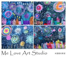 four different pictures with fireworks and buildings in the background, one is made out of colored paper