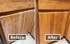 the before and after pictures show how wood has been stained