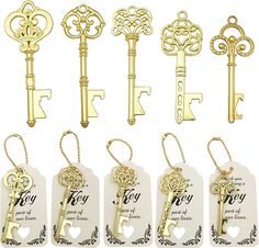 six key tags with the names of different styles and designs, all in gold or silver