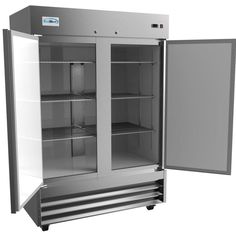 an empty refrigerator with its door open and shelves on the front, side by side