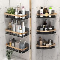 two shelves in the corner of a bathroom filled with personal care items