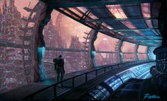 a sci - fi scene with a man standing on a platform