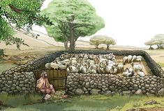 a painting of a man with sheep in the field near a stone wall and tree