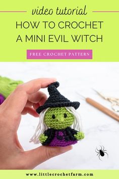 a crocheted witch doll with text overlay that says video tutor how to crochet a mini evil witch