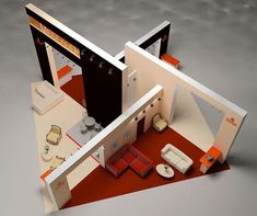 an aerial view of a living room and kitchen area in a house with red carpet