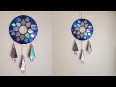 two pictures of the same wind chime with different colors and shapes on it, one has