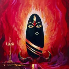 an oil painting on canvas of a black mask with flames in the background