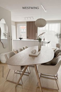 a dining room table with chairs around it