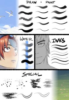 an image of some different types of water and sky in the same drawing style, with one