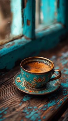 a tea cup sitting on top of a saucer next to a window sill