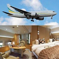 an airplane is flying in the sky above a bed and desk with chairs on it