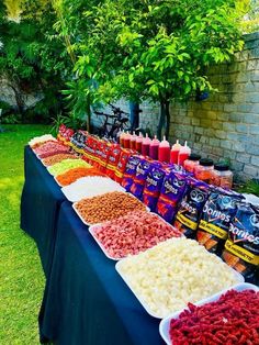 many different types of food are on display at the outdoor buffet table with trees in the background