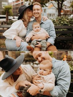 a man and woman are sitting on a bench with their baby in his lap while holding the infant