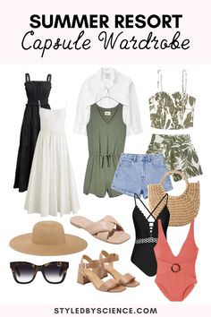 Summer resort, beach vacation capsule wardrobe Resort Vacation Capsule Wardrobe, Beach Outfits In Winter, Beach Vacation Capsule Wardrobe 2023, Chic Beach Outfit Resort Wear, Beach Capsule Wardrobe 2023, Tropical Holiday Outfits, Resort Capsule Wardrobe, Resort Fits