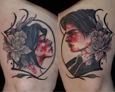 two women with blood on their bodies and flowers