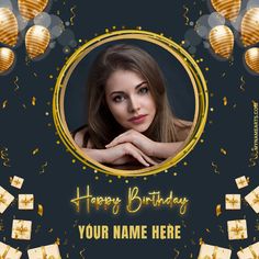 a happy birthday card with a woman's face and golden balloons in the background