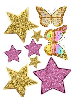 glitter stars and butterflies are shown in pink, yellow and purple colors with one butterfly on top