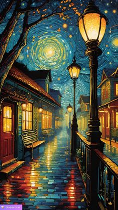 a painting of a city street at night with lights on and stars in the sky