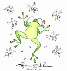 a drawing of a frog jumping in the air with flies around him and another fly nearby