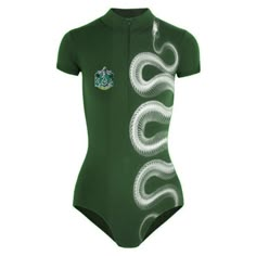 a green one piece swimsuit with white snakes on the front and side, featuring an emblem