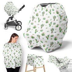 an image of a baby stroller cover with cactus print on it and other accessories