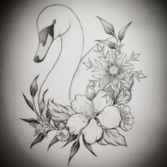 a black and white drawing of a swan with flowers on it's back side