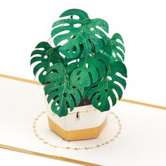 a card with a paper cut out of a leafy plant in a pot on top of a table