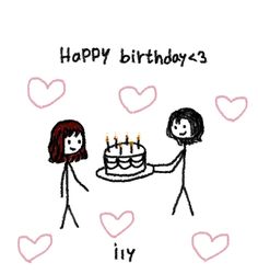 two people holding a cake with candles on it and the words happy birthday are written in small hearts