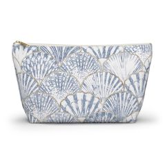 the blue and white shell print cosmetic bag