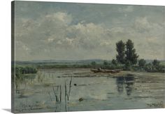 a painting of a man in a boat on a river