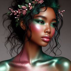 ethereal goddess-like makeup, woman, green, pink, shiny Fantasy Looks Makeup, Fantasy Hair And Makeup, Summer Goddess Makeup, Fairy Like Makeup, Floral Makeup Ideas, Green Goddess Makeup, Garden Witch Makeup, Elf Queen Makeup, Fall Goddess Makeup