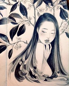 a drawing of a girl with long hair blowing bubbles in front of a flowering tree