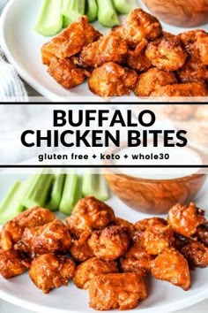 buffalo chicken bites on a white plate with celery and other foods in the background