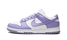 The Women’s Nike Dunk Low Next Nature “Lilac” is a women’s-exclusive colorway of the vintage basketball shoe made from at least 20% recycled content by weight.  The eye-pleasing “Lilac” colorway was released as part of the “Move to Zero” campaign by Nike that aims to reduce the brand’s carbon footprint.  The shoe features a white leather base with Lilac-colored leather overlays and Swoosh branding.  White “Nike” embroidery appears on the heel.  Lilac “Nike” and Swoosh detailing can be found on t Lavender Nike Shoes, Nike Purple Shoes, Nike Shoes Purple, Nike Purple, Light Purple Nike Shoes, Light Purple Shoes, Lilac Dunks, Nike Dunks Purple, Women’s Nike Dunks Low