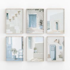 four pictures hanging on the wall with blue doors